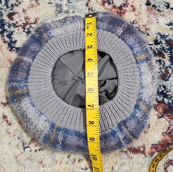 Vintage Woolmark 100% Wool Lined Tam Beret Pom Pom Hat Plaid Blue - Picture 9 of 10